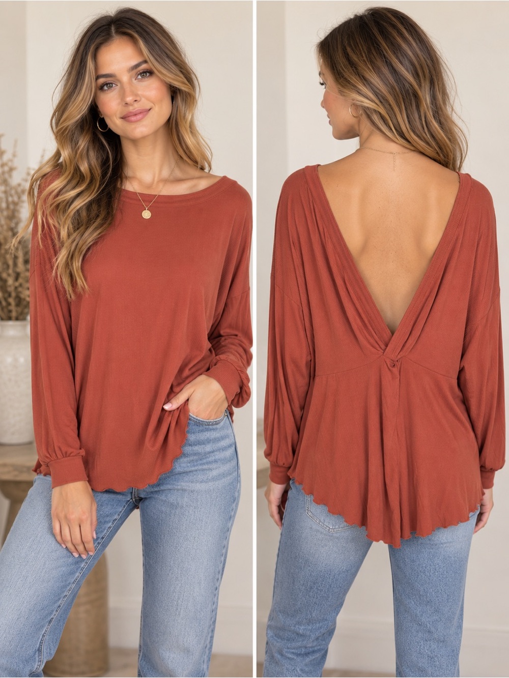 Free People Shimmy Shake Rust Orange Long Dolman Sleeve Open Back Top Medium